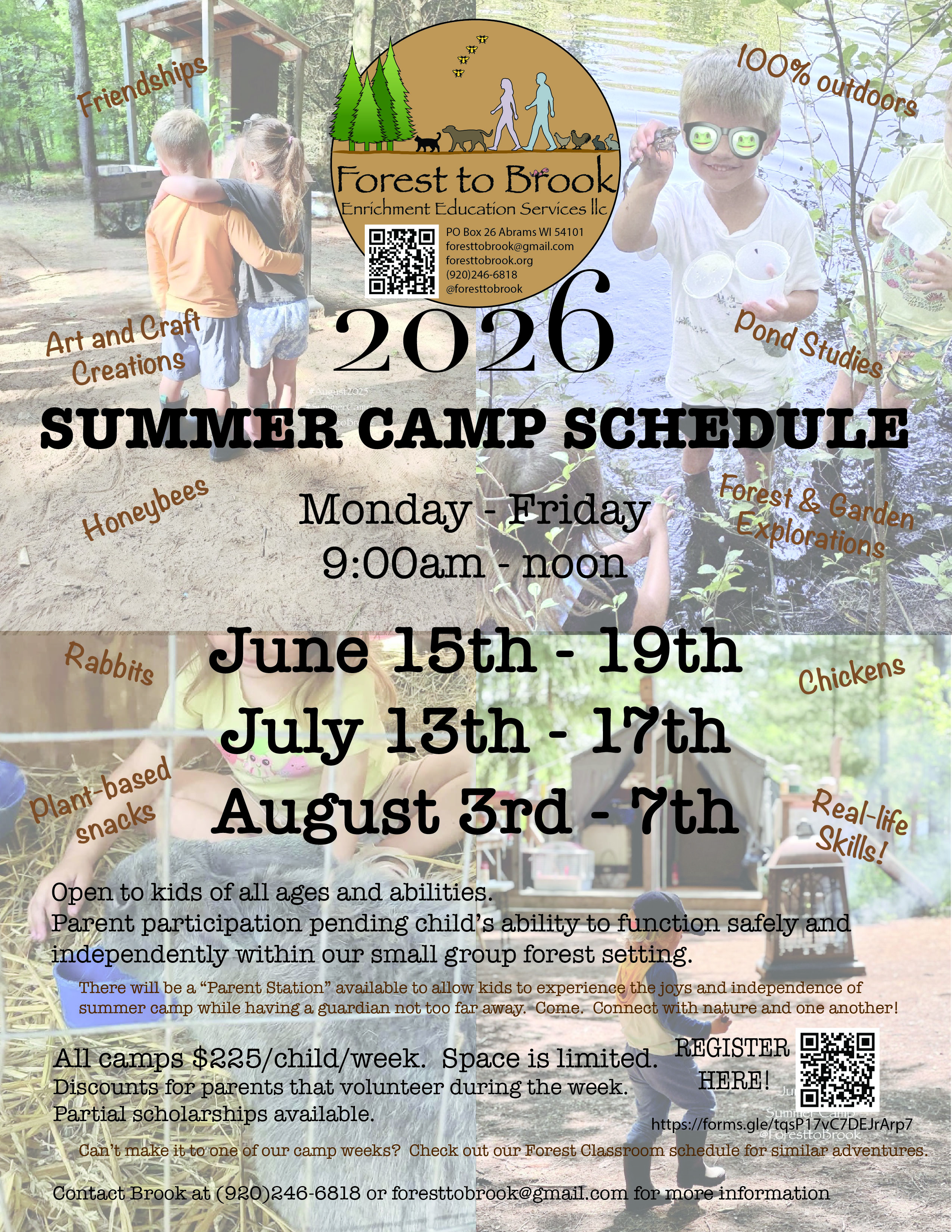 This image shows a flyer for Forest to Brook's Summer Camps June15-19, July 13-17 and August 3-7.  Call (920)246-6818 for more information.